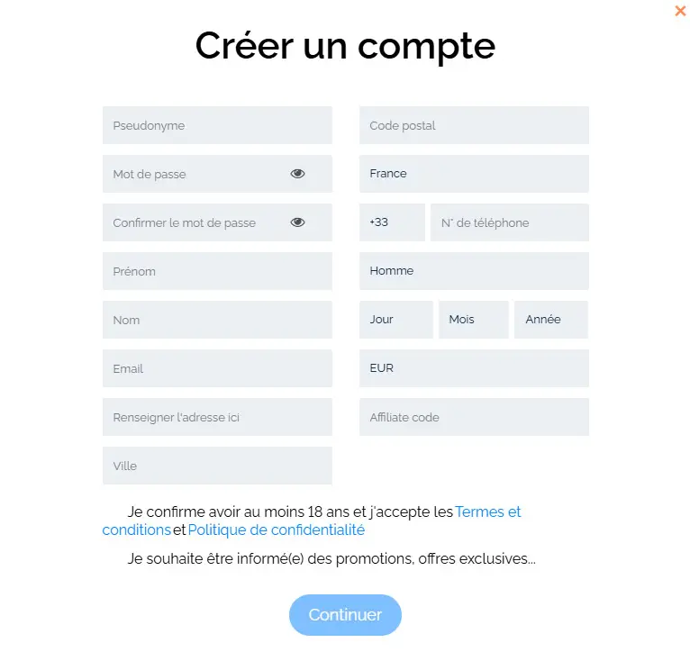 Processus d'inscription Pure Casino